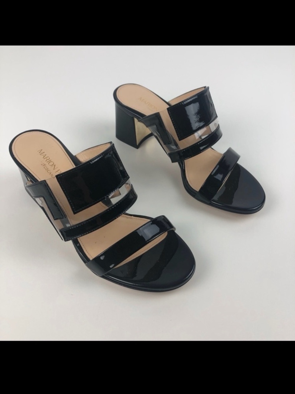 Marion Parke Bailey Geometric PVC Slide Sandal Block Heel 36 Black $596 in box